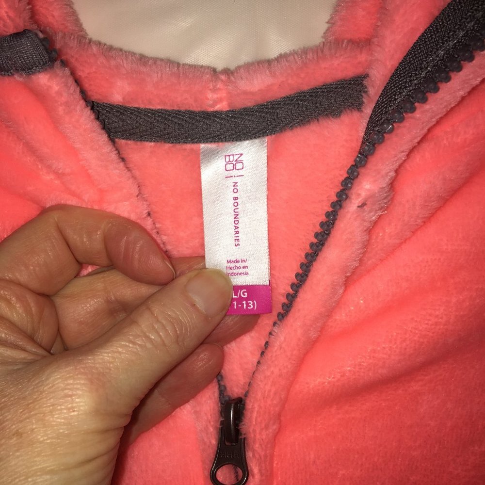 No Boundaries Fleece Sweatshirt Jacket Hoodie Peach/Pink with Gray trim Large - Picture 5 of 11